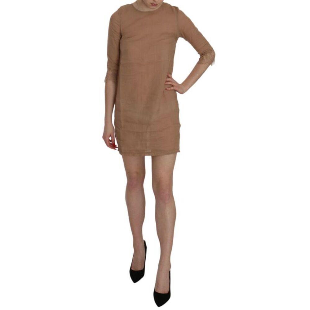 PINK MEMORIES Brown 3/4 Sleeve Crewneck Shift Mini Women's Dress